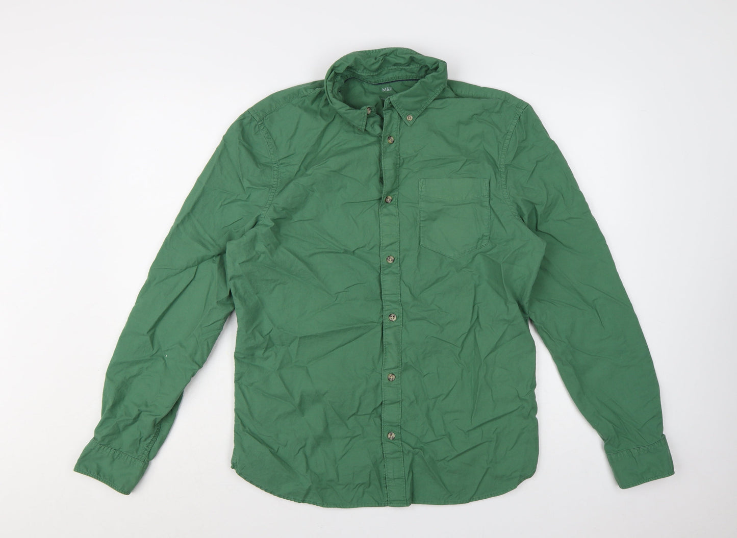 Marks and Spencer Men's Green Regular Fit Cotton Button-Up Shirt M