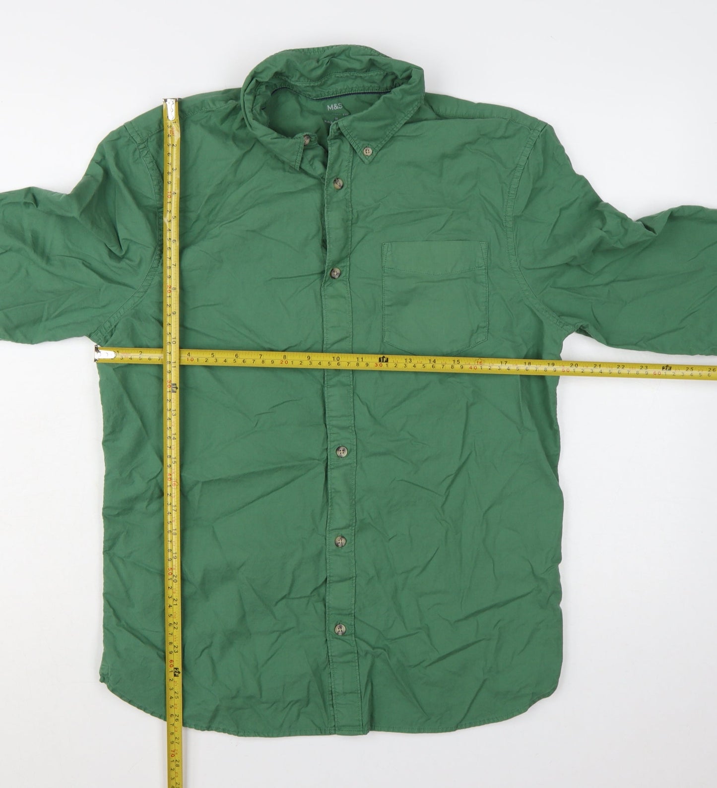 Marks and Spencer Men's Green Regular Fit Cotton Button-Up Shirt M