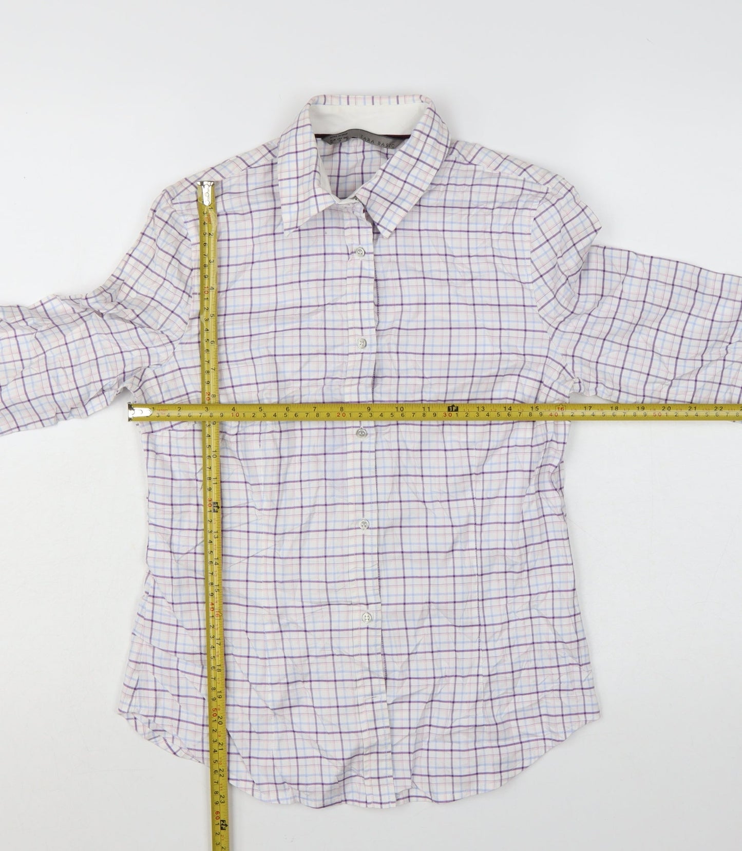 ZARA Basic Women's White Check Long Sleeve Button-Up Shirt Size M