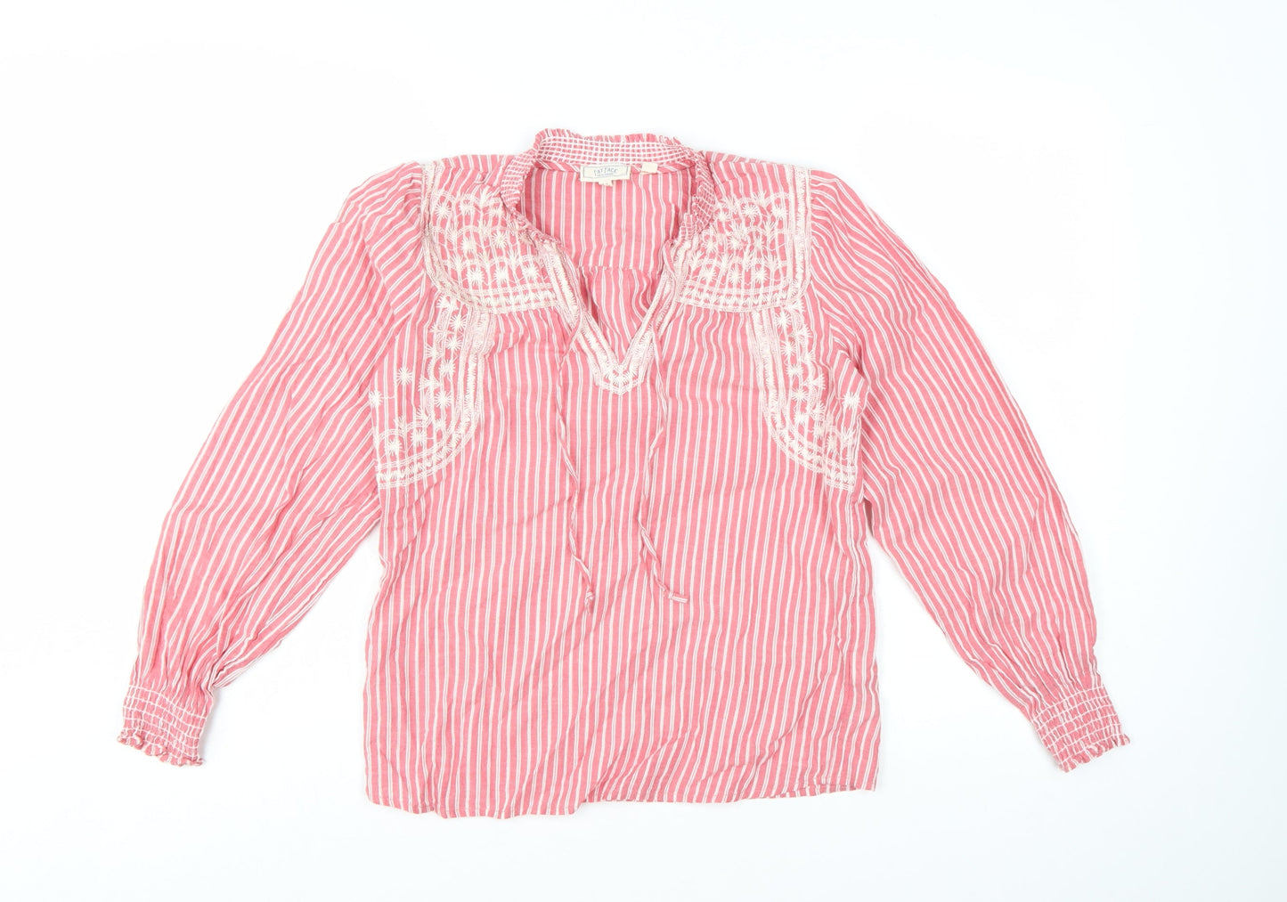 Fat Face Women’s Pink Striped Embroidered Cotton V-Neck Boho Blouse UK 6