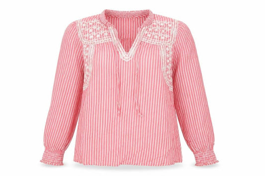FatFace Women’s Pink Striped Embroidered Cotton V-Neck Boho Blouse UK 6