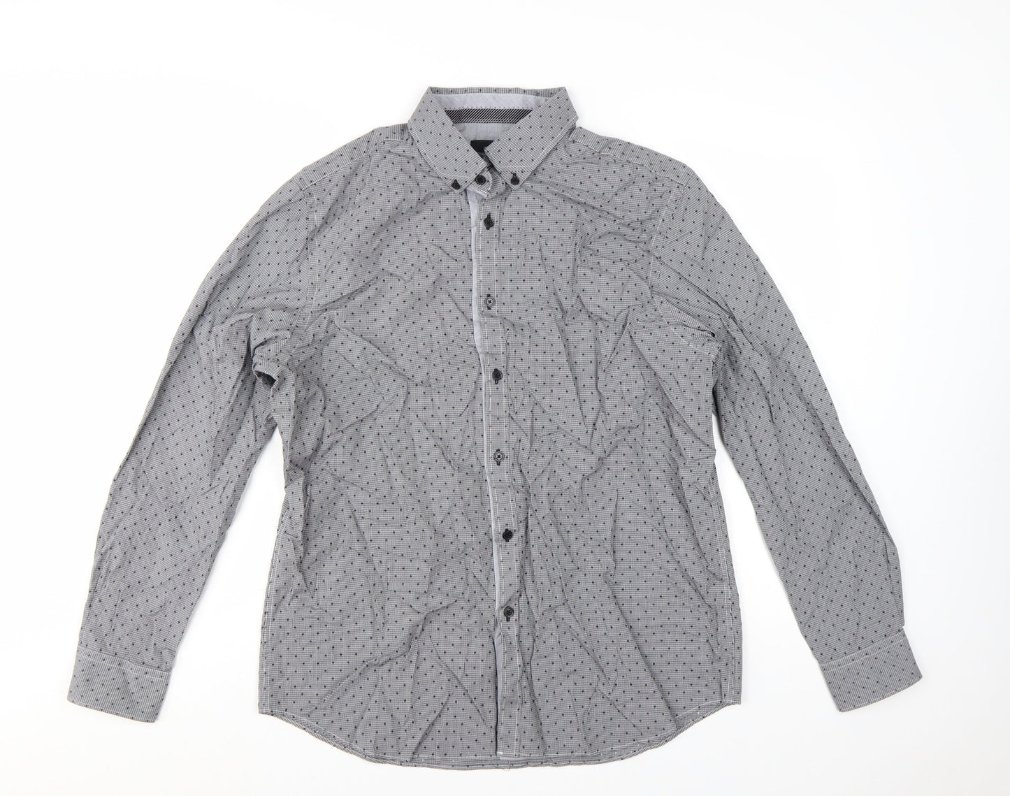 Jeff Banks Men’s Grey Geometric Long Sleeve Cotton Button-Up Shirt L