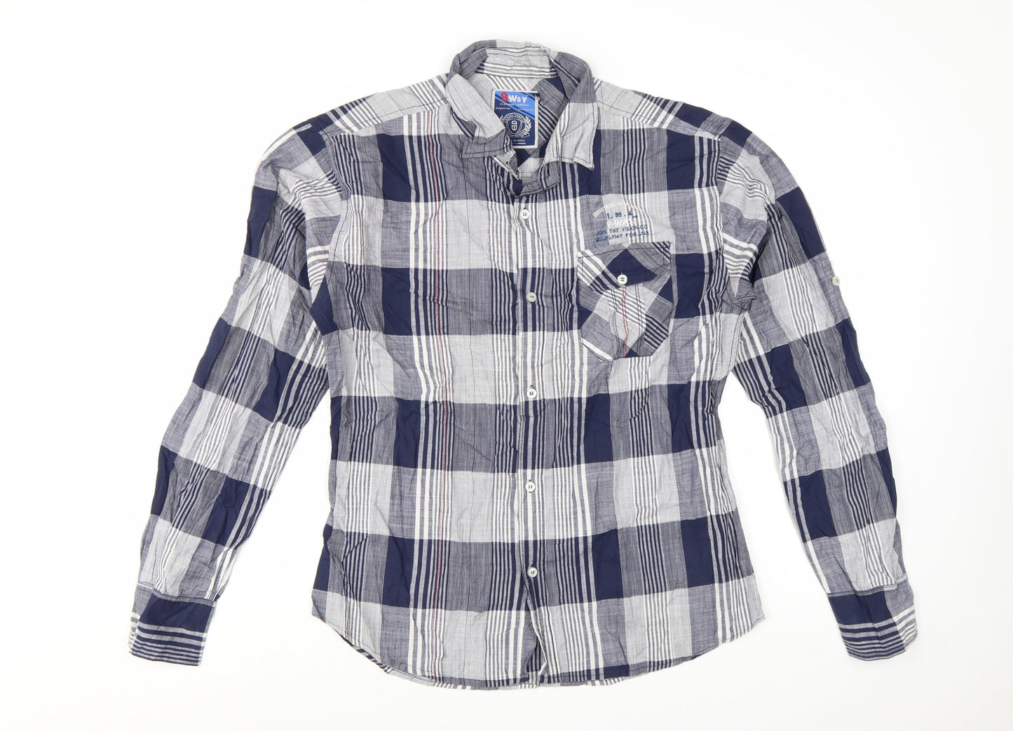 9 Way Men's Blue Check Button-Up Long Sleeve Cotton Shirt 2XL