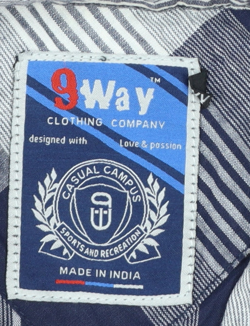 9 Way Men's Blue Check Button-Up Long Sleeve Cotton Shirt 2XL