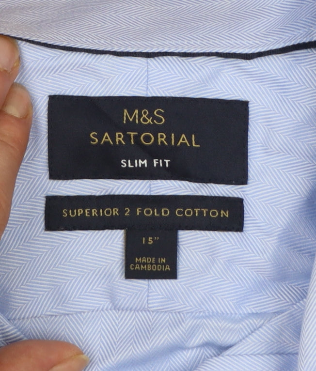 Marks and Spencer Men Blue Slim Fit Cotton Long Sleeve Dress Shirt 15in