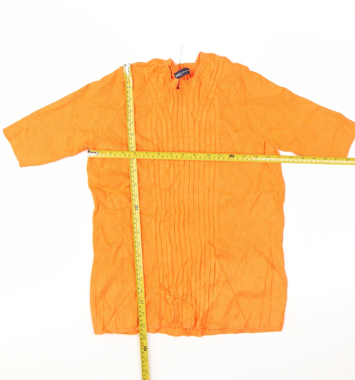 Marks and Spencer Women Orange Ribbed V-Neck 3/4 Sleeve Jumper Size L