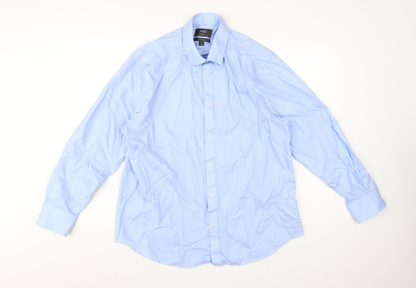 Marks and Spencer Men's Blue Regular Fit Non-Iron 16.5in Shirt