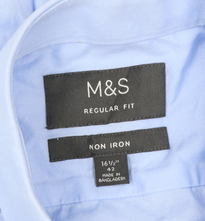Marks and Spencer Men's Blue Regular Fit Non-Iron 16.5in Shirt