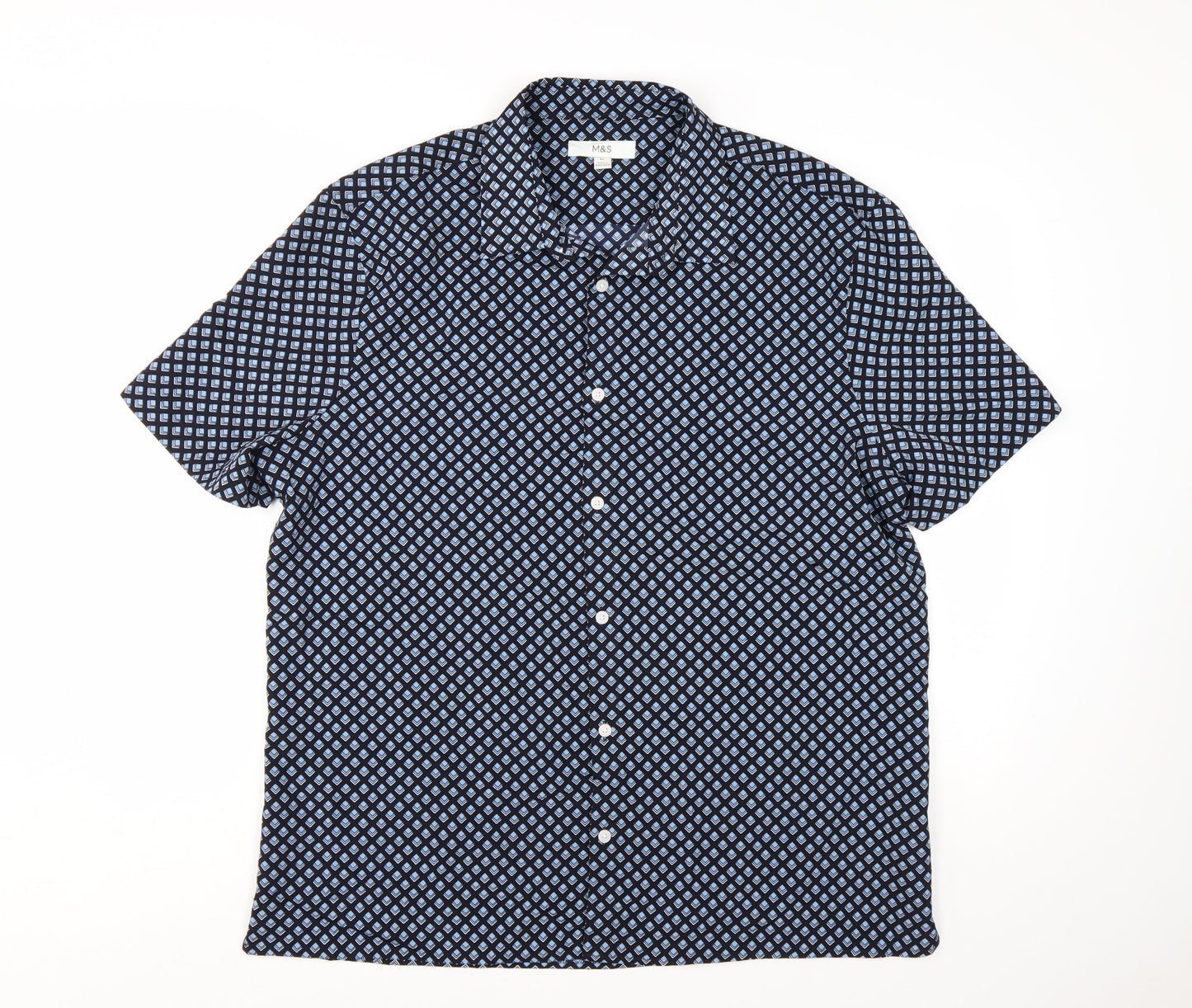 Marks and Spencer Mens Blue Geometric Short Sleeve Button-Up Shirt XL