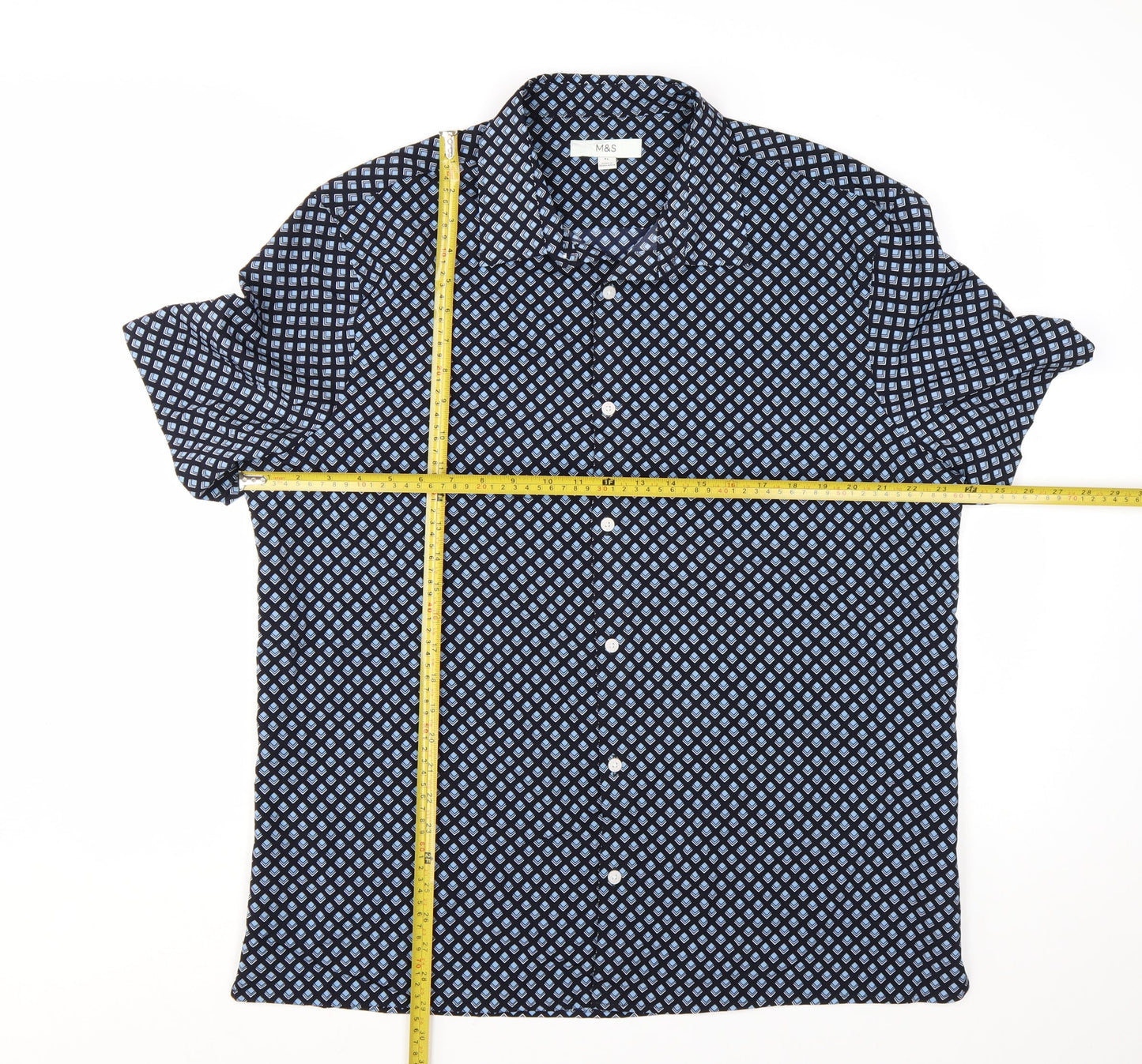 Marks and Spencer Mens Blue Geometric Short Sleeve Button-Up Shirt XL