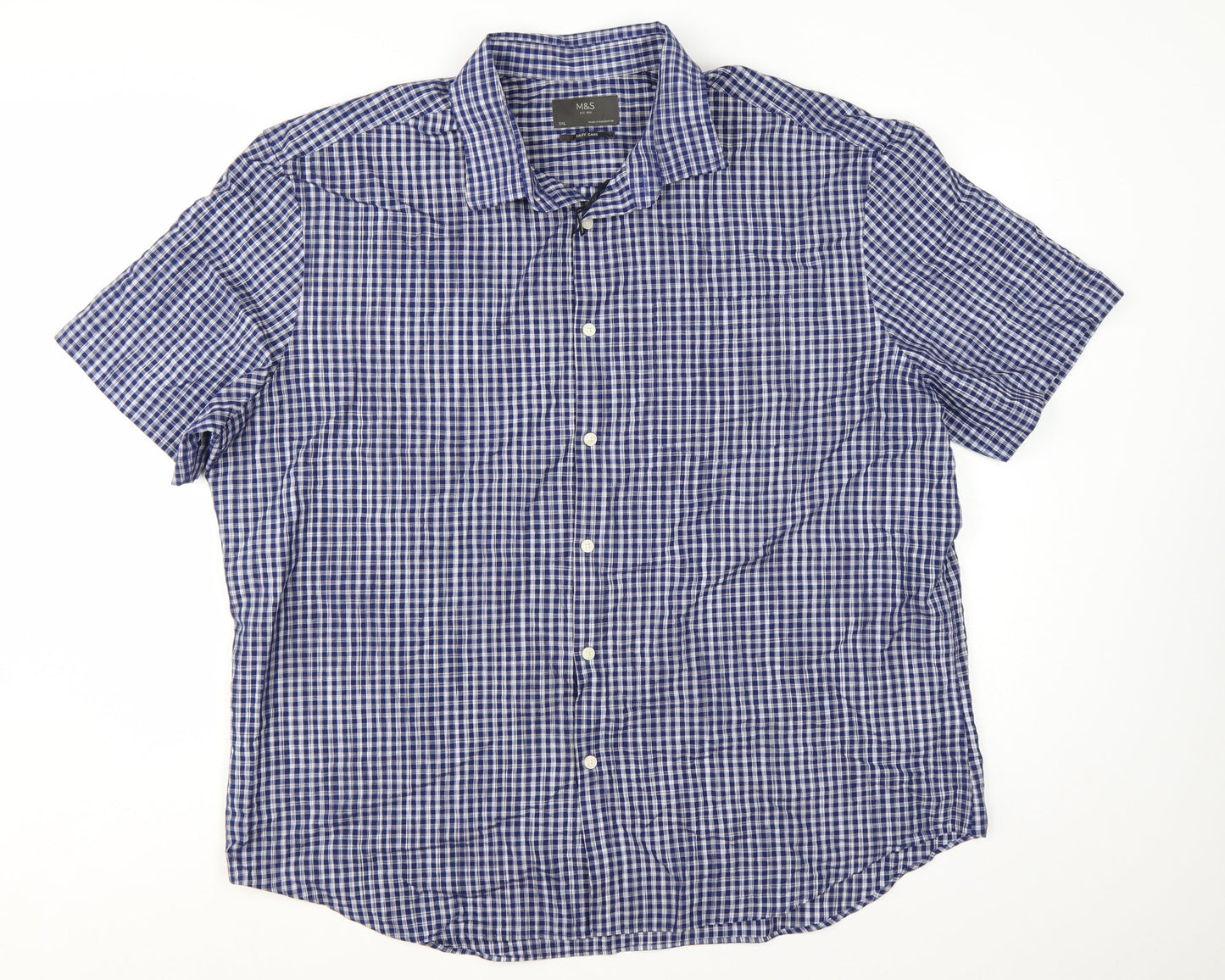 Marks and Spencer Men's Blue Checked Short Sleeve Button-Up Shirt XL