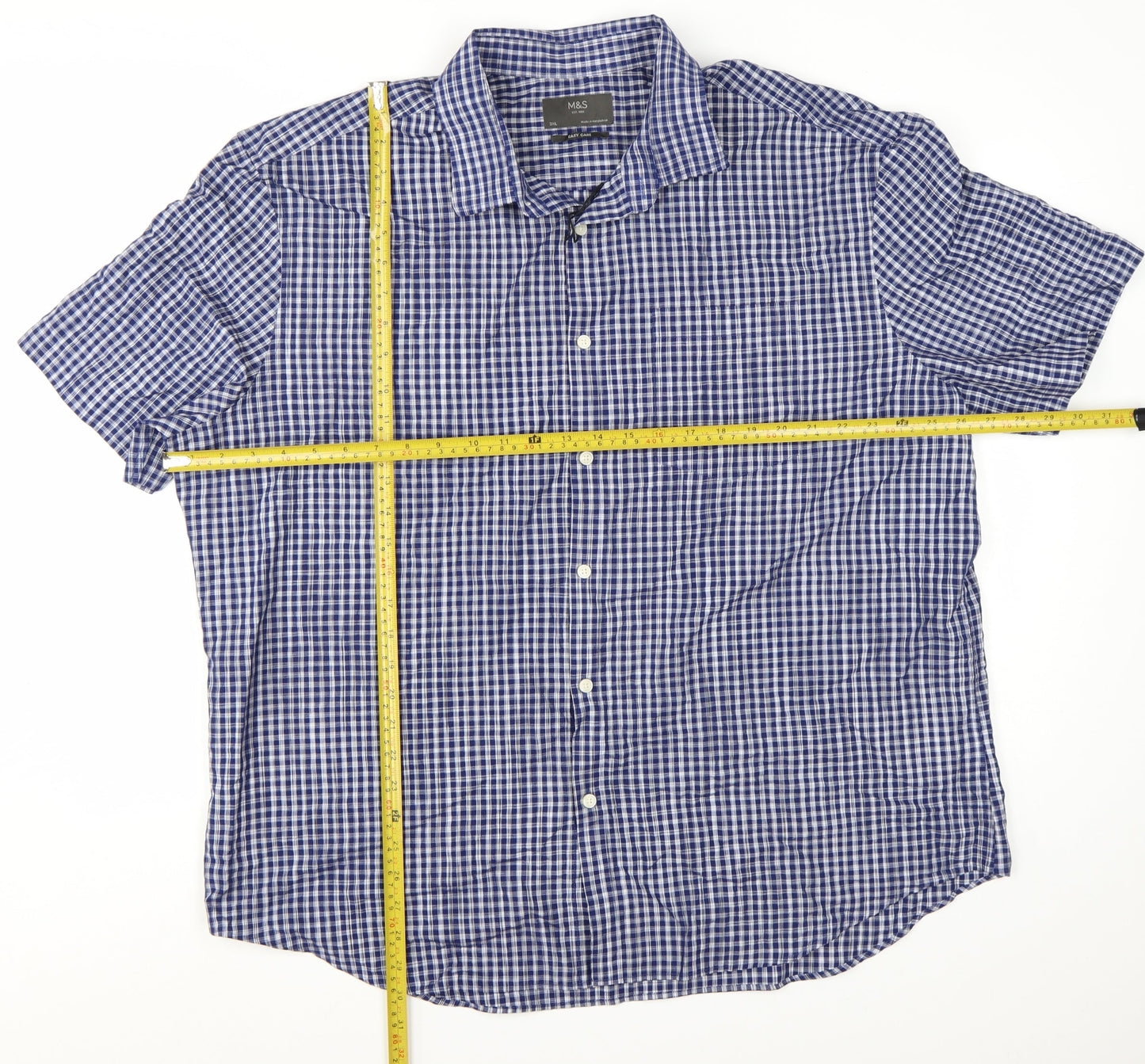 Marks and Spencer Men's Blue Checked Short Sleeve Button-Up Shirt XL