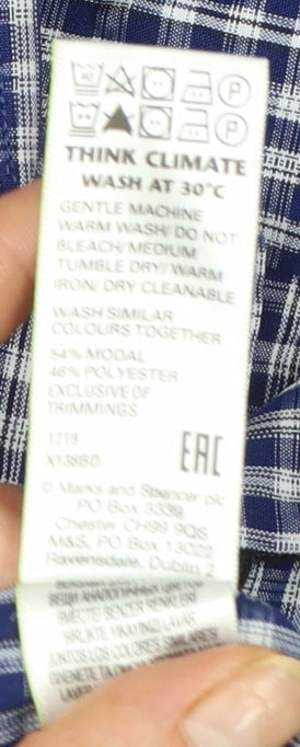 Marks and Spencer Men's Blue Checked Short Sleeve Button-Up Shirt XL