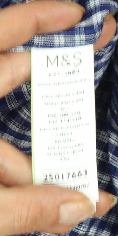 Marks and Spencer Men's Blue Checked Short Sleeve Button-Up Shirt XL