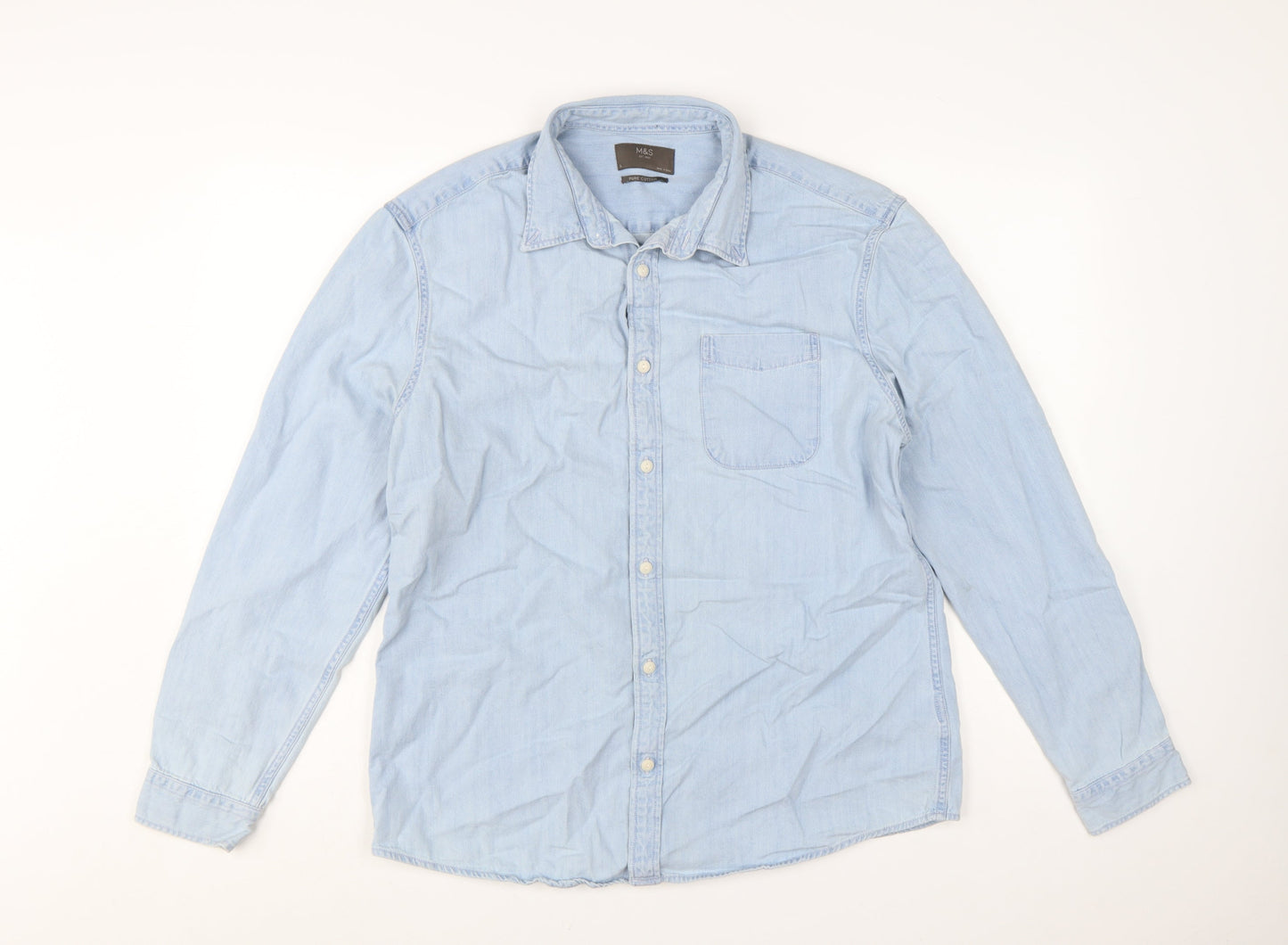 Marks and Spencer Men's Blue Pure Cotton Long Sleeve Casual Shirt L