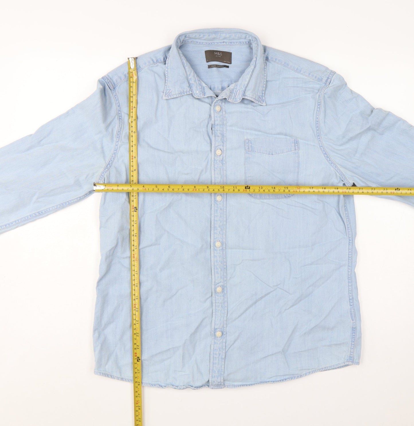 Marks and Spencer Men's Blue Pure Cotton Long Sleeve Casual Shirt L