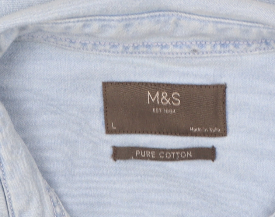 Marks and Spencer Men's Blue Pure Cotton Long Sleeve Casual Shirt L