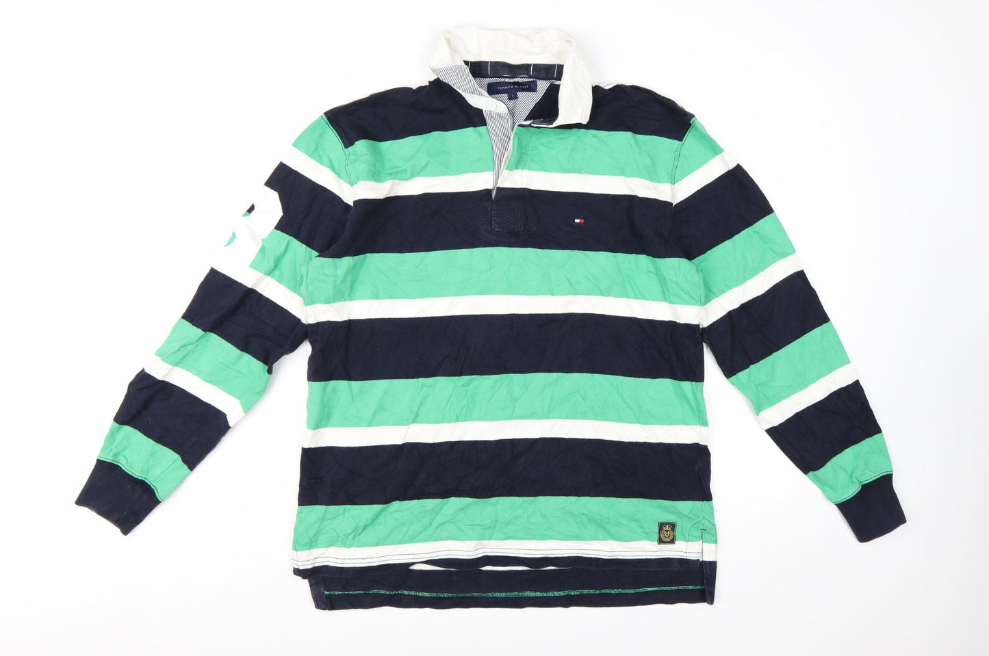 Tommy Hilfiger Men's Green Navy Striped Long Sleeve Polo Shirt L