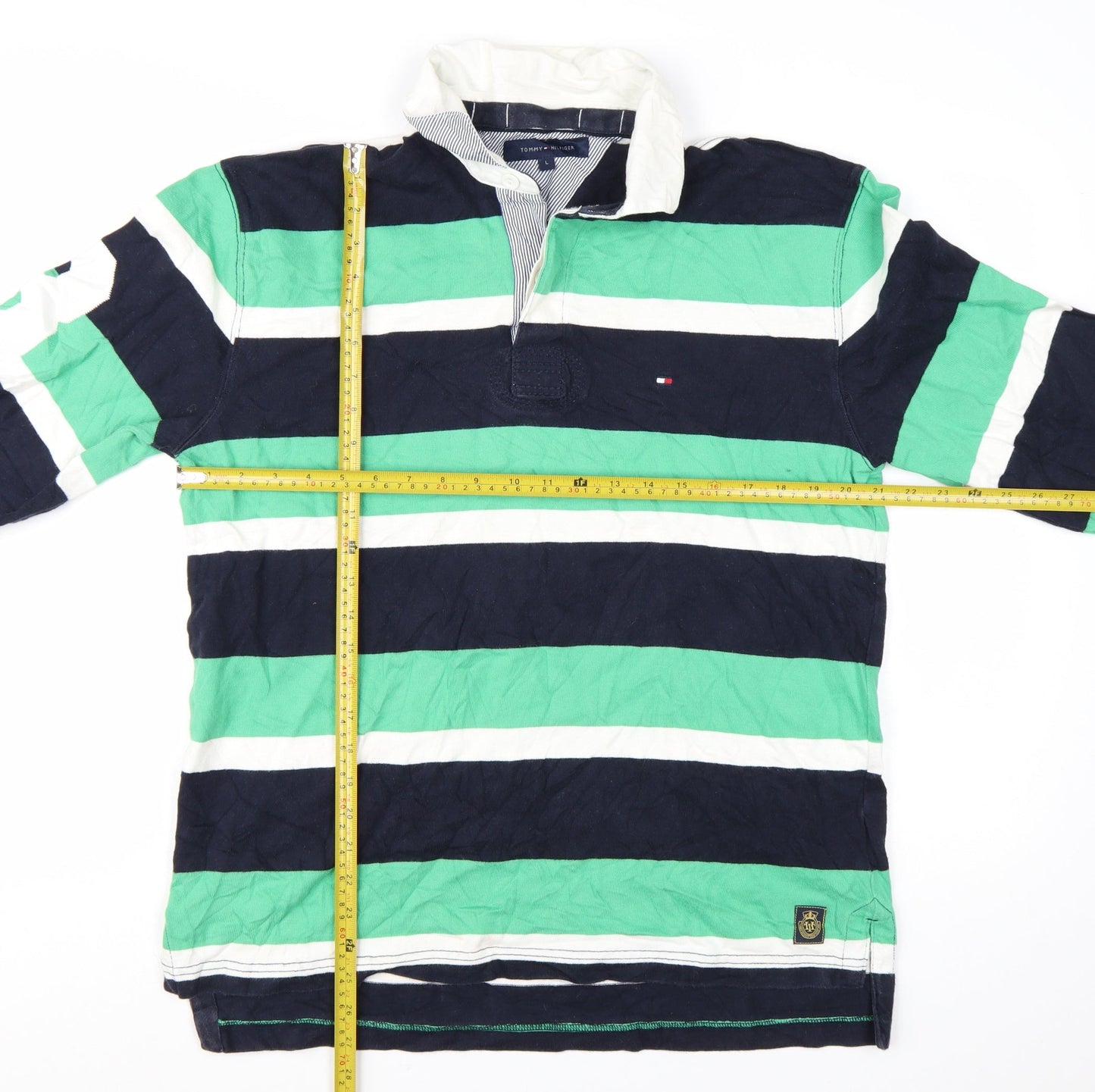 Tommy Hilfiger Men's Green Navy Striped Long Sleeve Polo Shirt L