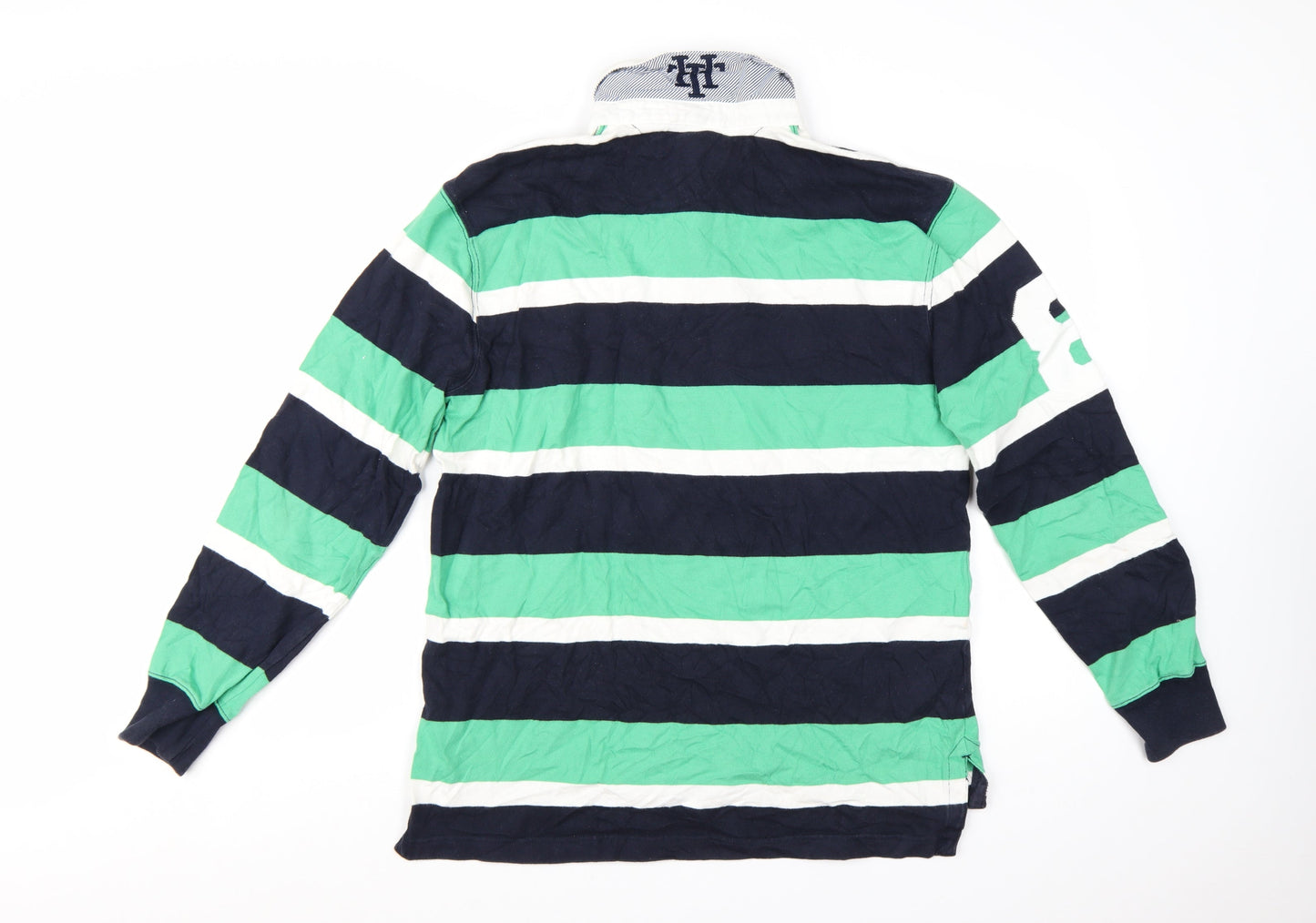 Tommy Hilfiger Men's Green Navy Striped Long Sleeve Polo Shirt L