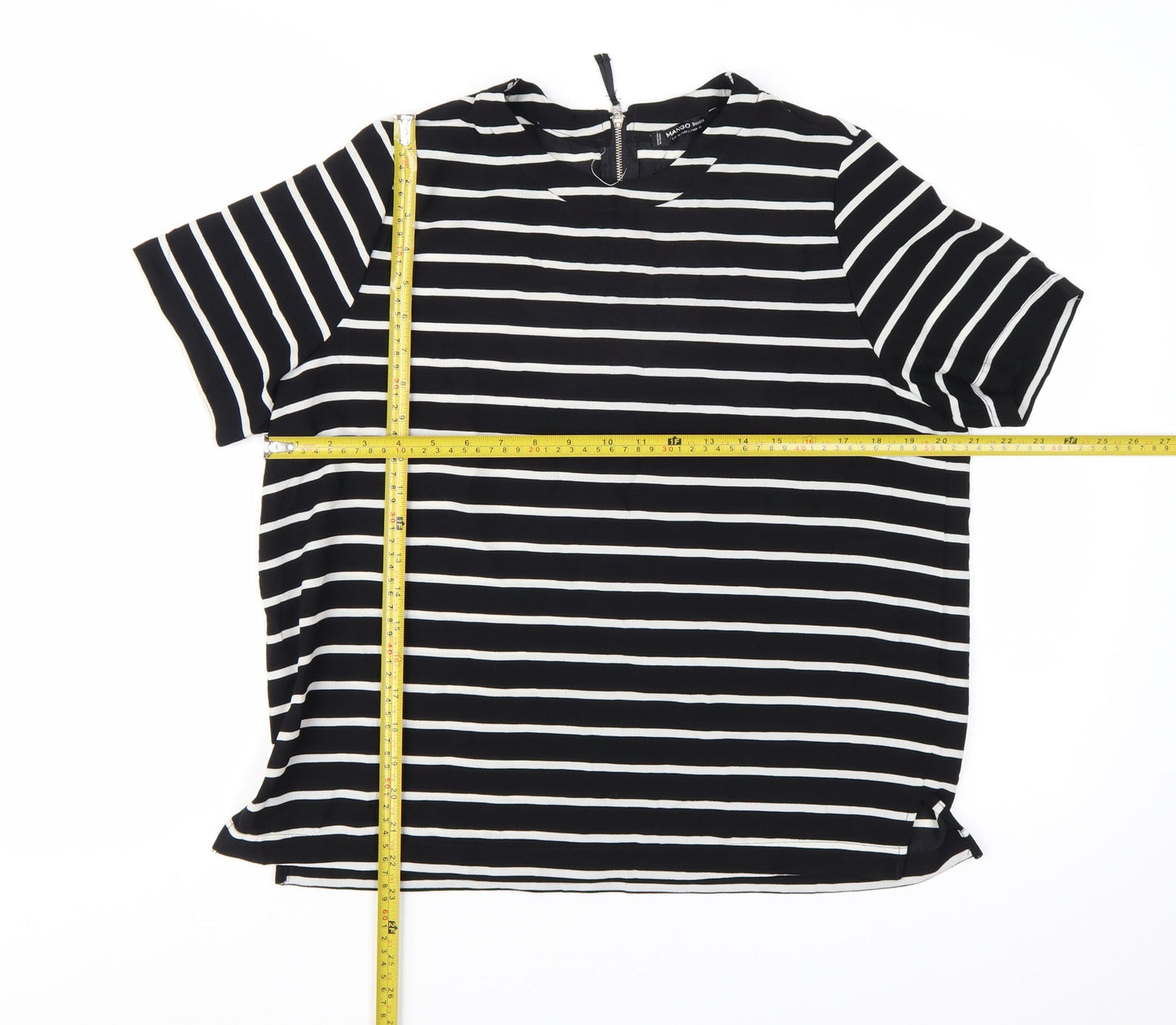 Mango Women Black White Striped Short Sleeve Basic Top Size 14