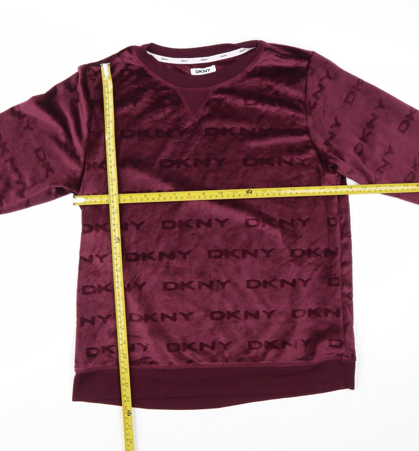 DKNY Womens Burgundy Velour Logo Pullover Sweatshirt Size M