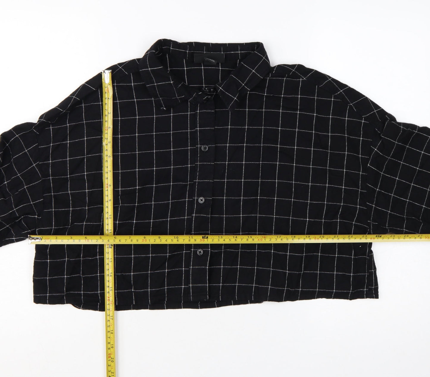 Monki Women's Black Check Cropped Cotton Button-Up Shirt L