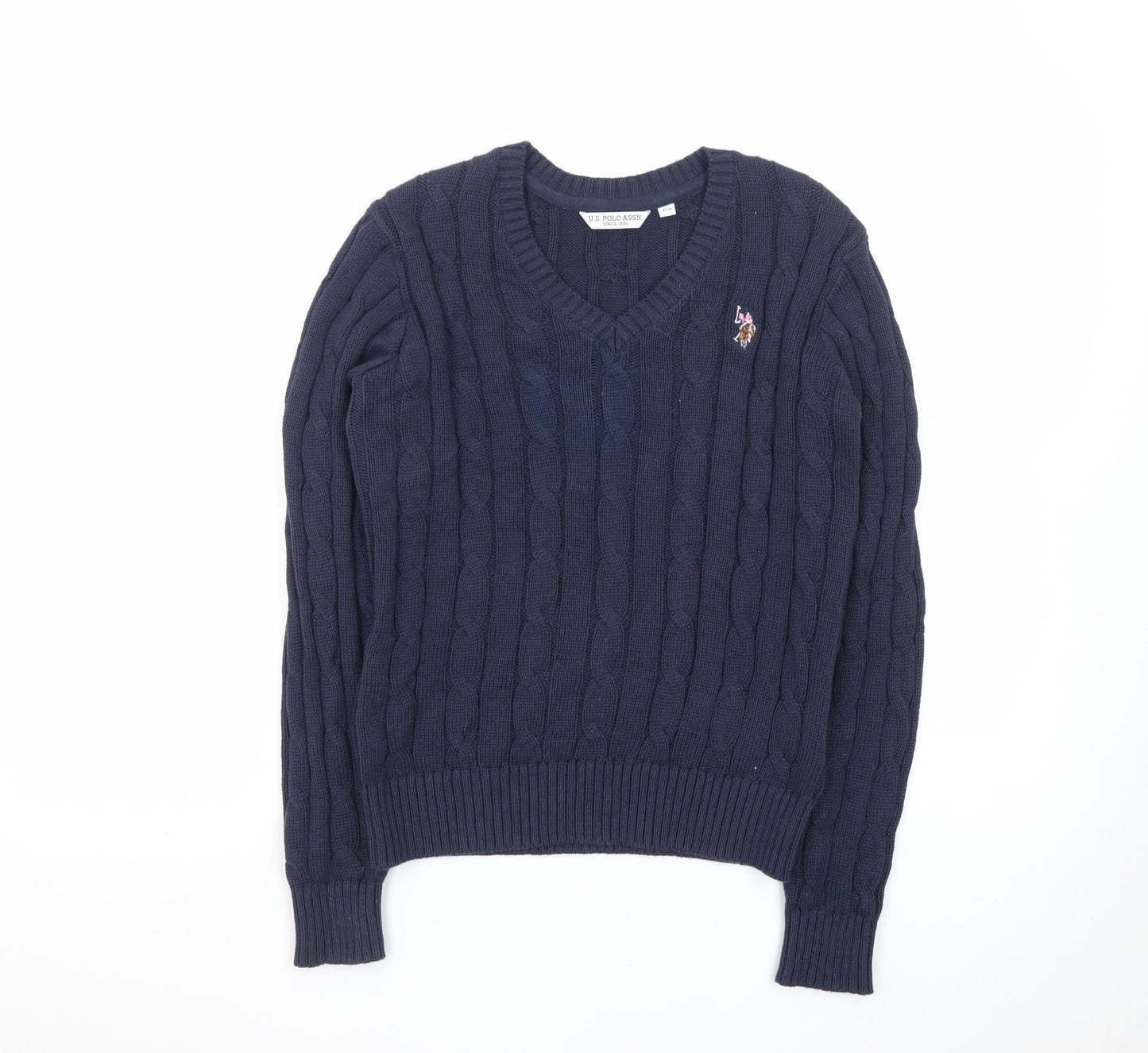 U.S. Polo Assn. Women Blue XS Cable-Knit V-Neck Jumper