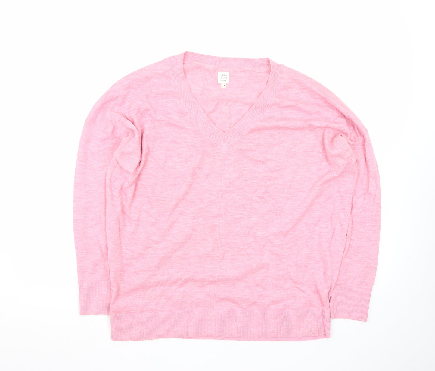 John Lewis Women Pink V-Neck Cotton Knit Jumper Size 14