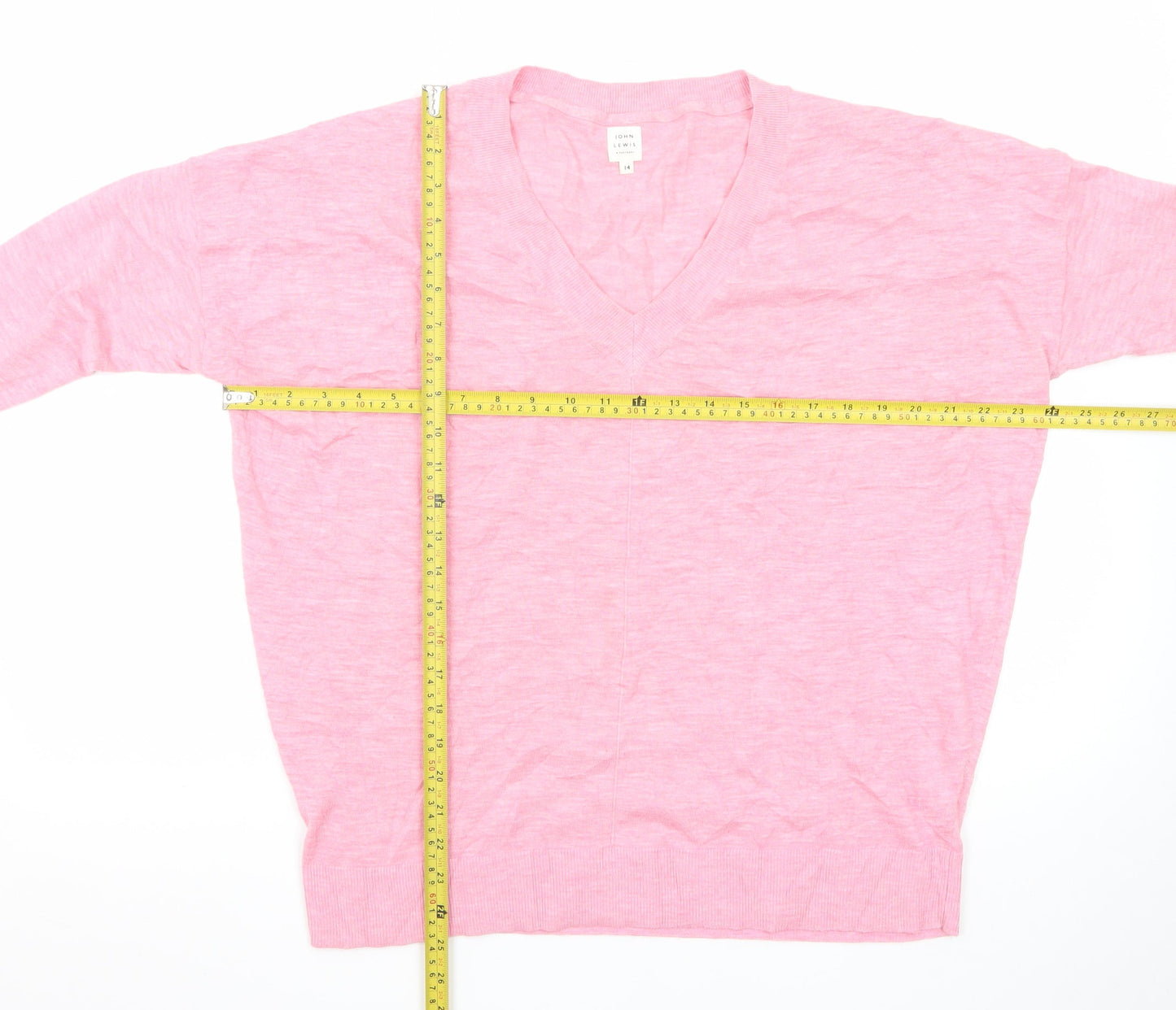 John Lewis Women Pink V-Neck Cotton Knit Jumper Size 14