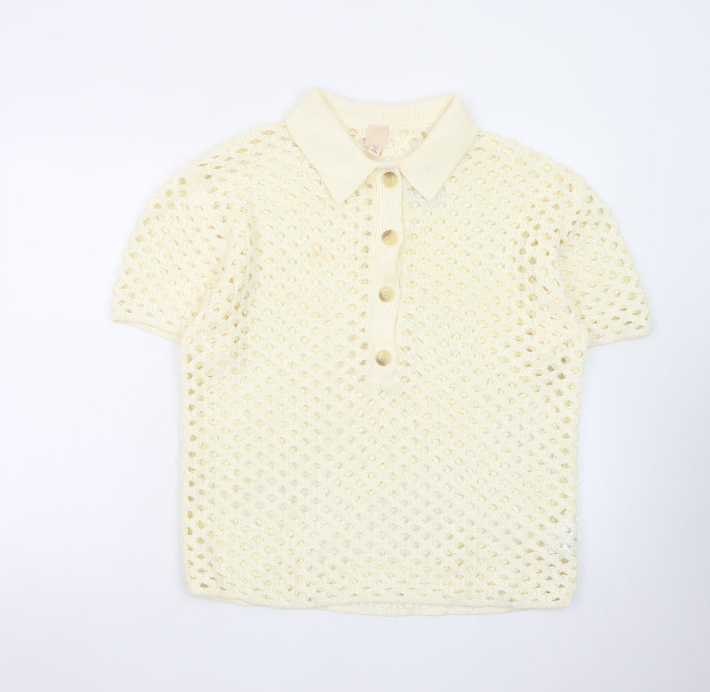 H&M Women's Ivory Crochet Collared Henley Jumper Size S