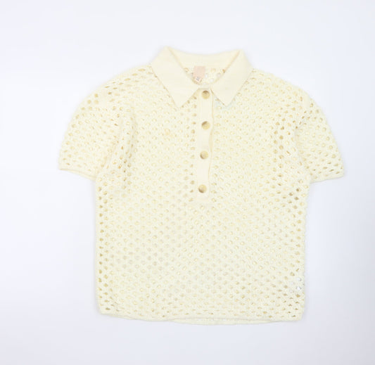 H&M Women's Ivory Crochet Collared Henley Jumper Size S