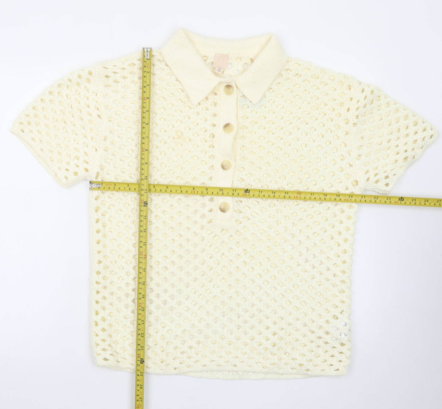 H&M Women's Ivory Crochet Collared Henley Jumper Size S