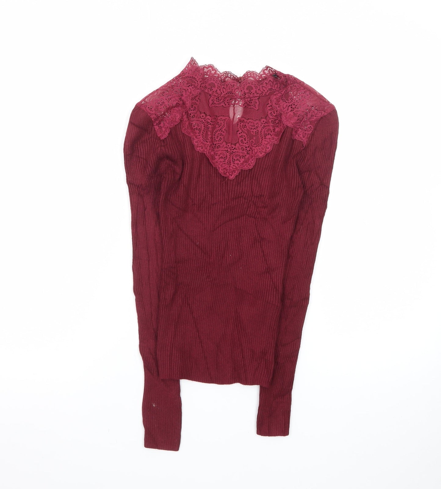 New Look Womens Red Lace High Neck Slim Fit Petite Jumper Size 4