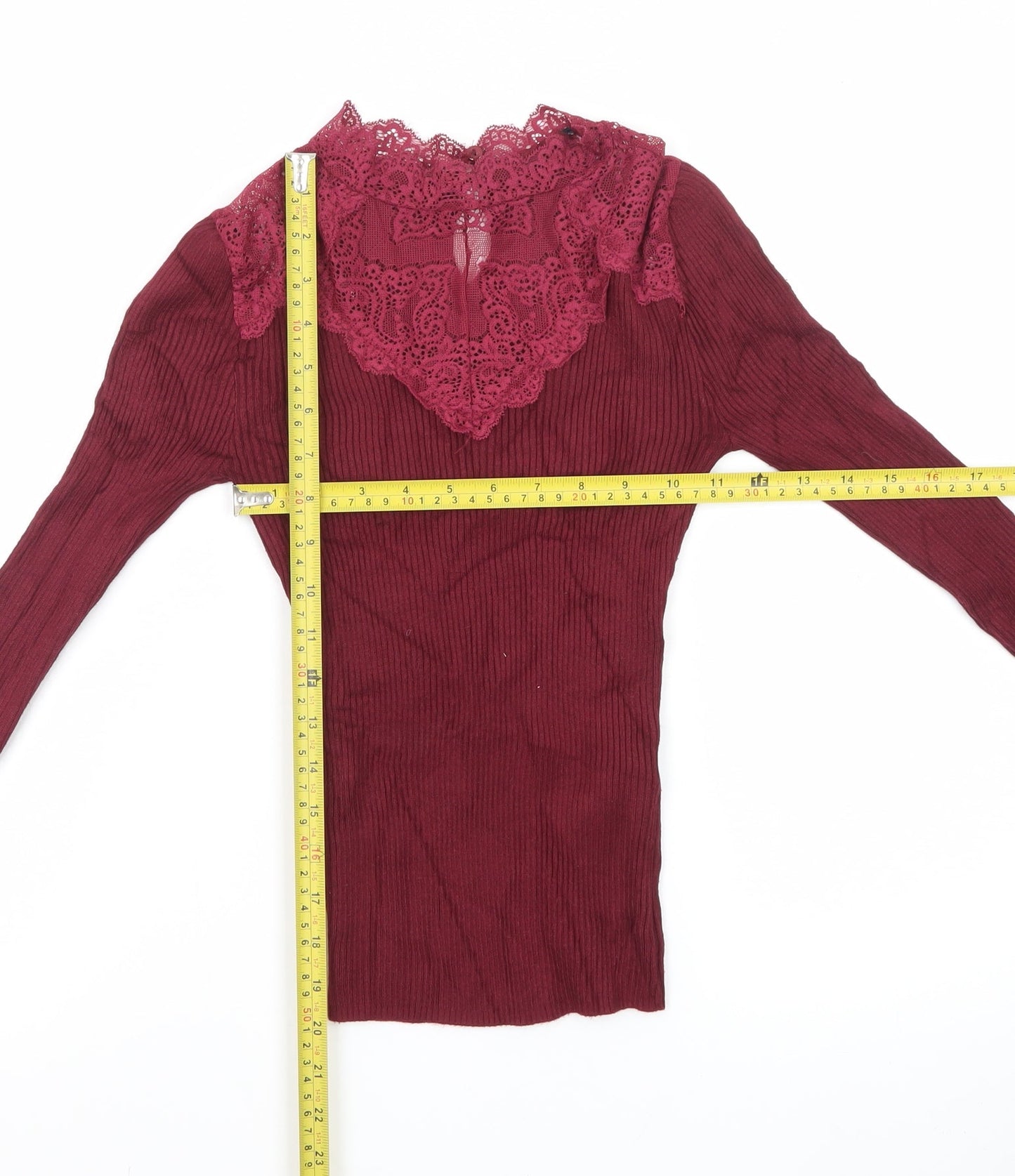 New Look Womens Red Lace High Neck Slim Fit Petite Jumper Size 4