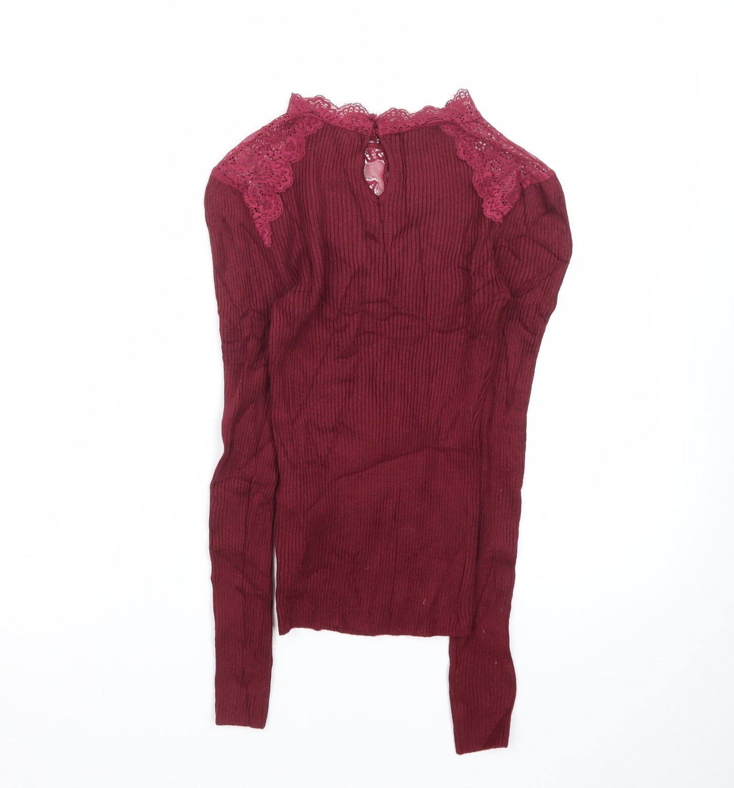 New Look Womens Red Lace High Neck Slim Fit Petite Jumper Size 4