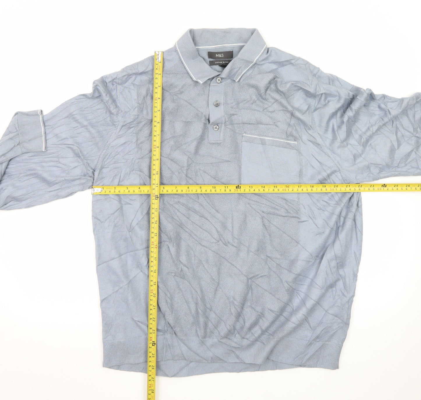 Marks and Spencer Men's Blue 2XL Long Sleeve Cotton Polo Shirt