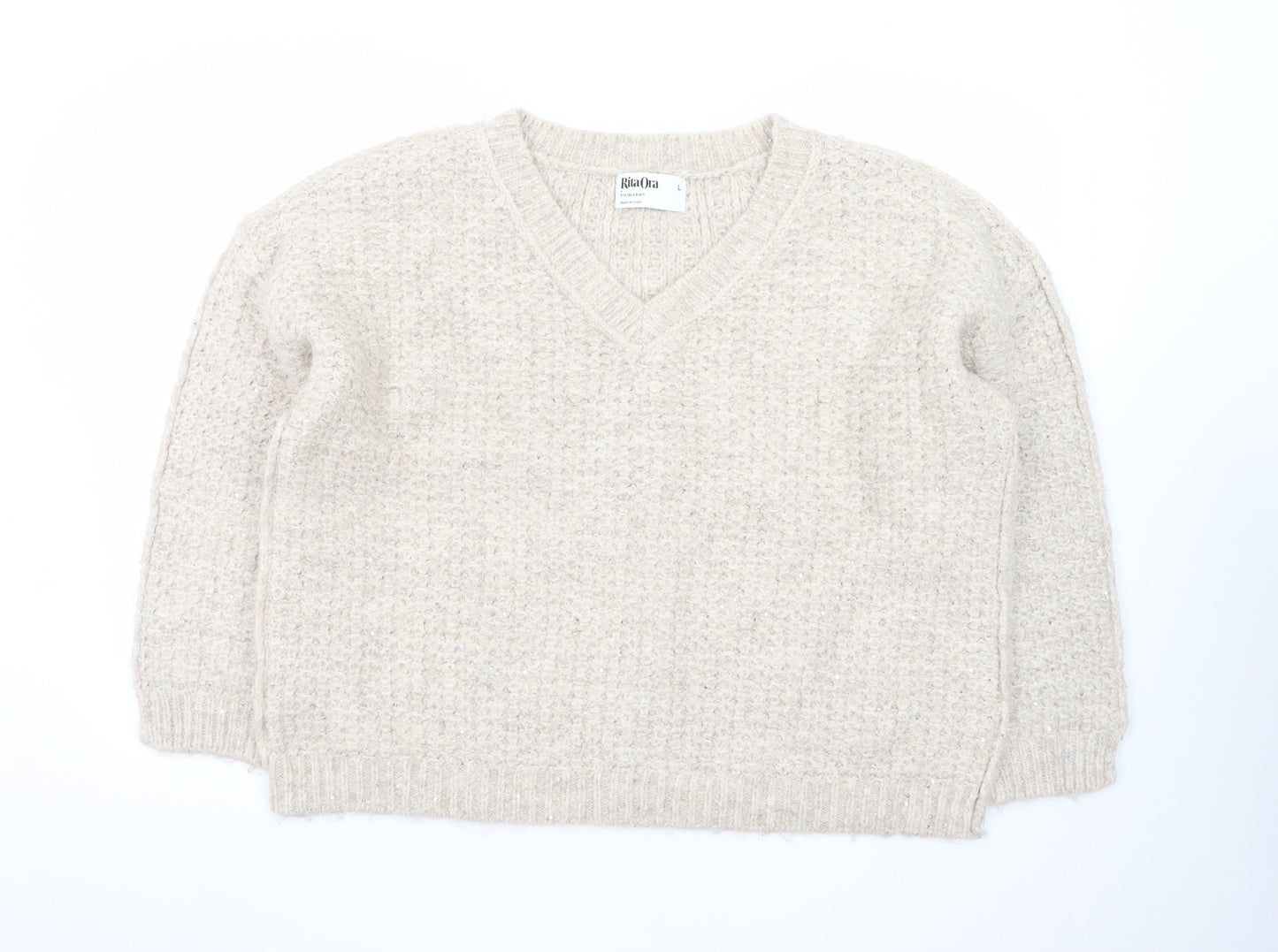 Primark Women’s Beige Chunky Knit V-Neck Wool Blend Jumper Size L