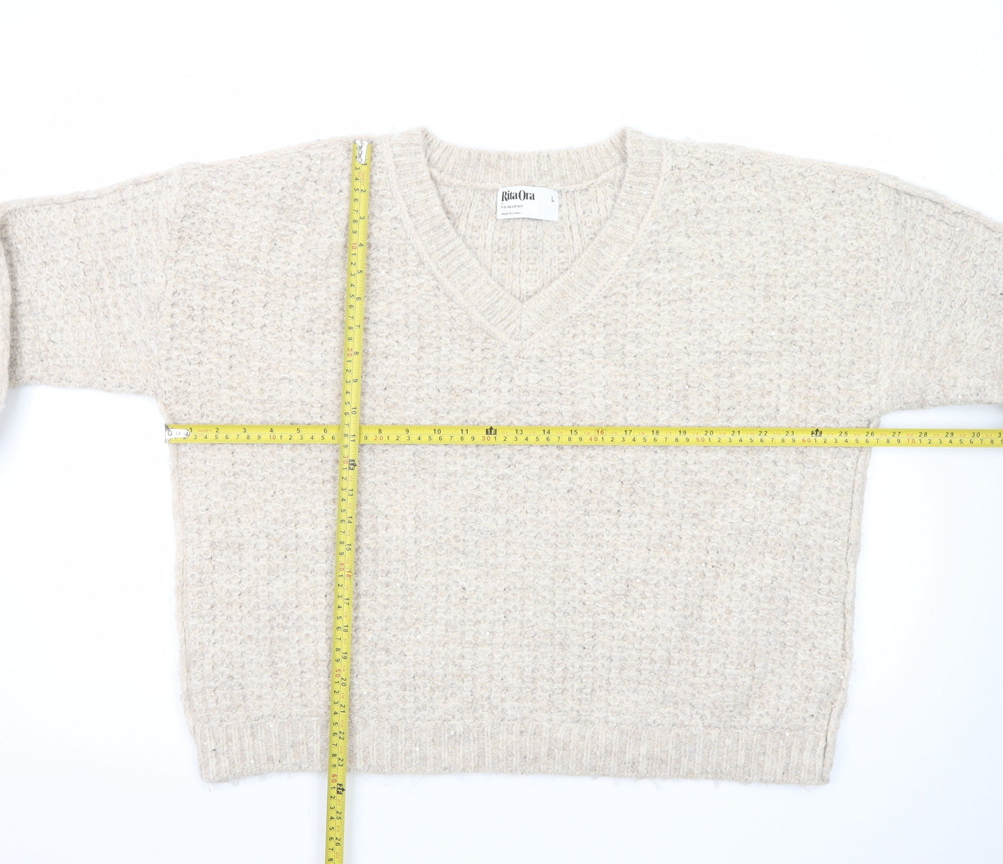 Primark Women’s Beige Chunky Knit V-Neck Wool Blend Jumper Size L