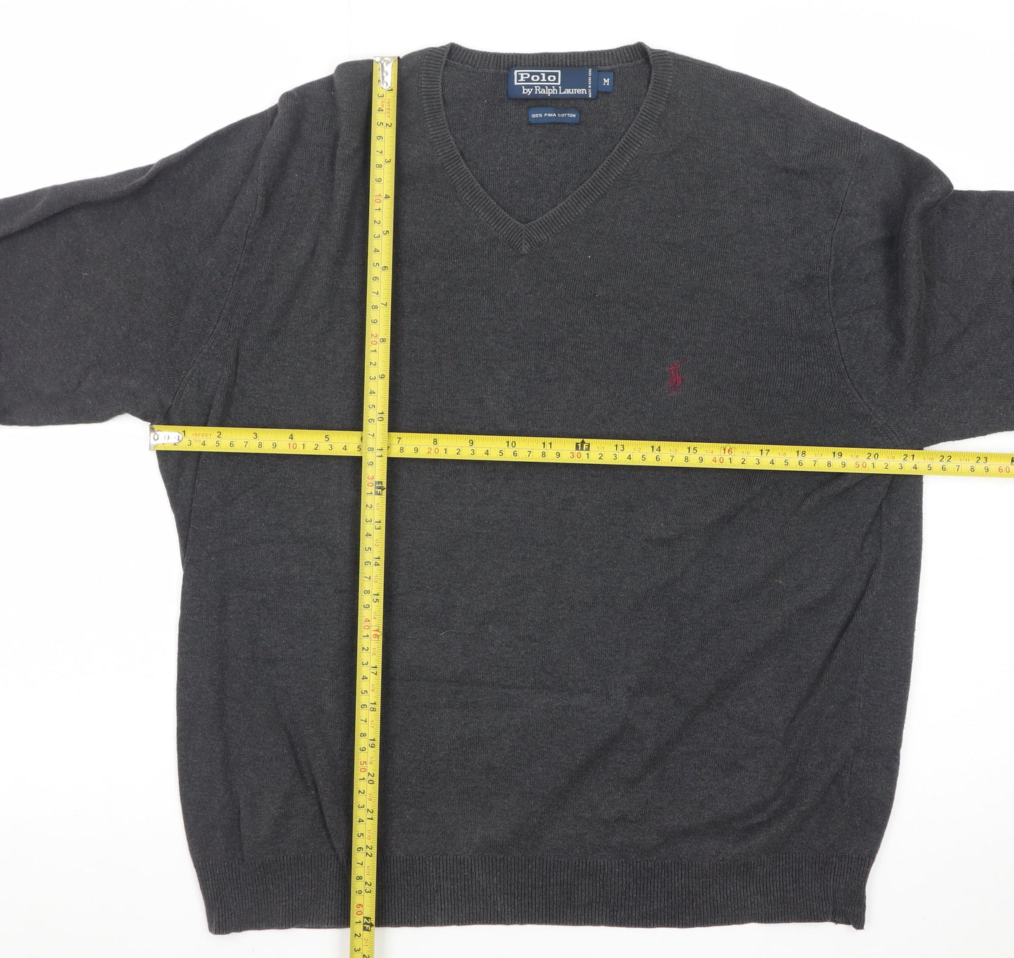 Ralph Lauren Men's Grey Cotton V-Neck Jumper Size M