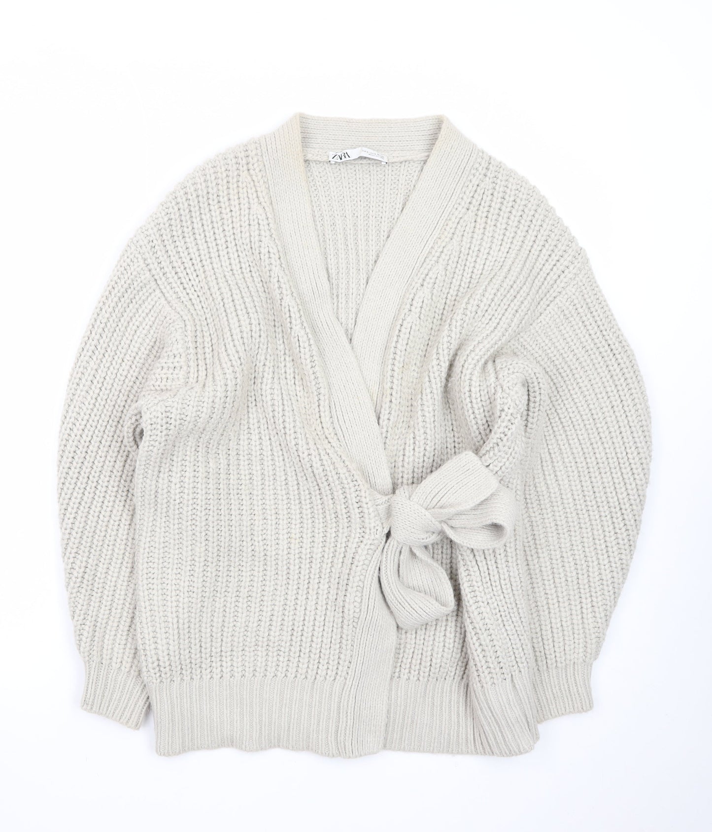 ZARA Women Beige Chunky Knit V-Neck Tie Cardigan Size S