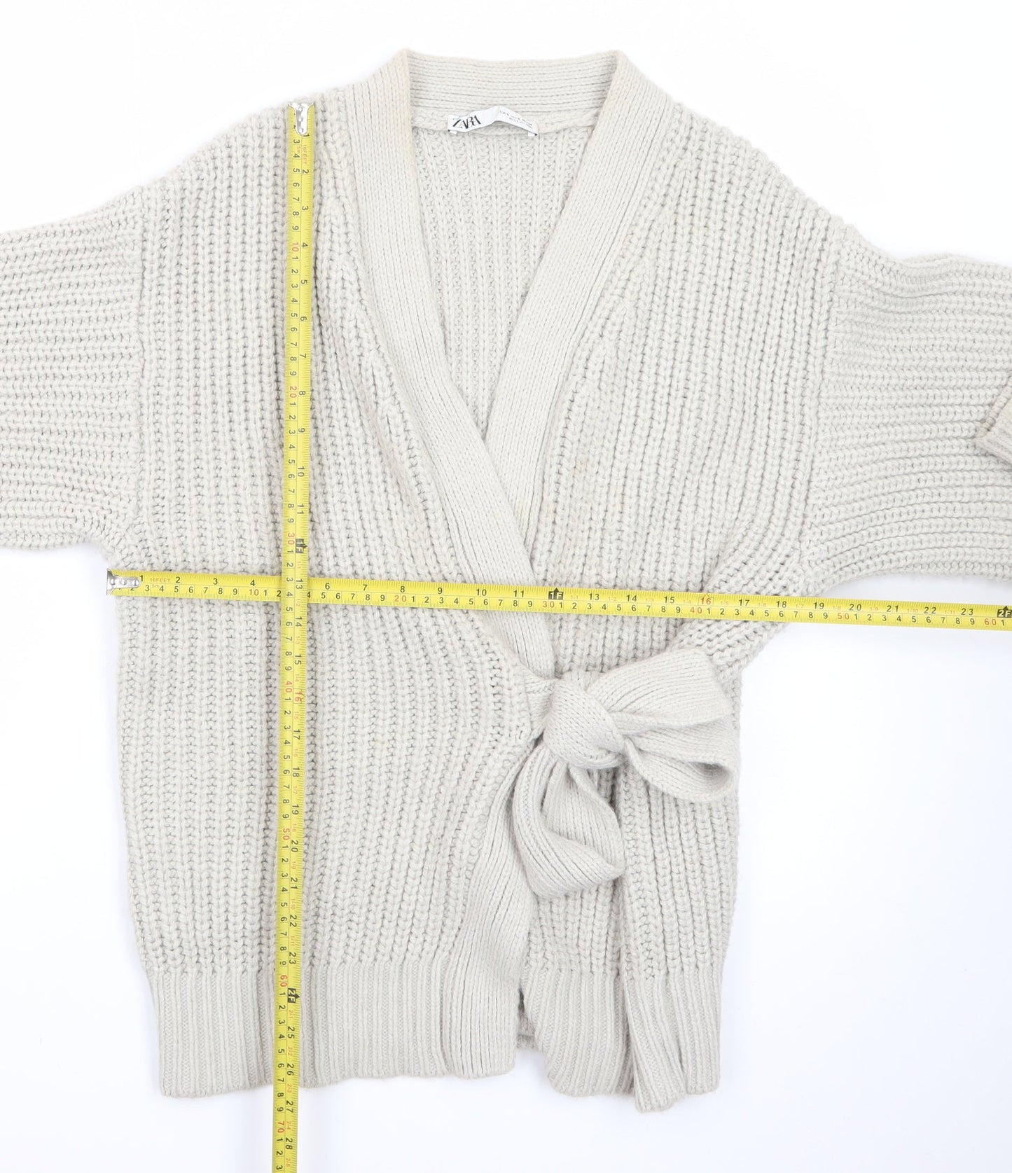 ZARA Women Beige Chunky Knit V-Neck Tie Cardigan Size S