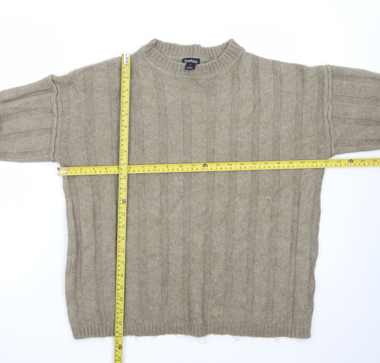 Boohoo Women's Beige Ribbed Knit Crew Neck Jumper Size L