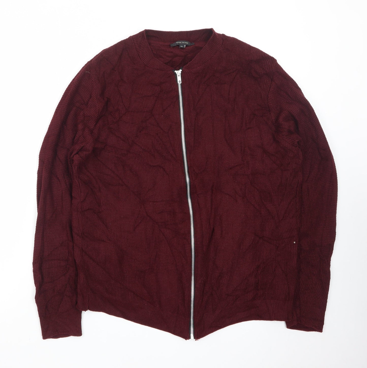 River Island Men's Red Waffle Full Zip Jumper XL