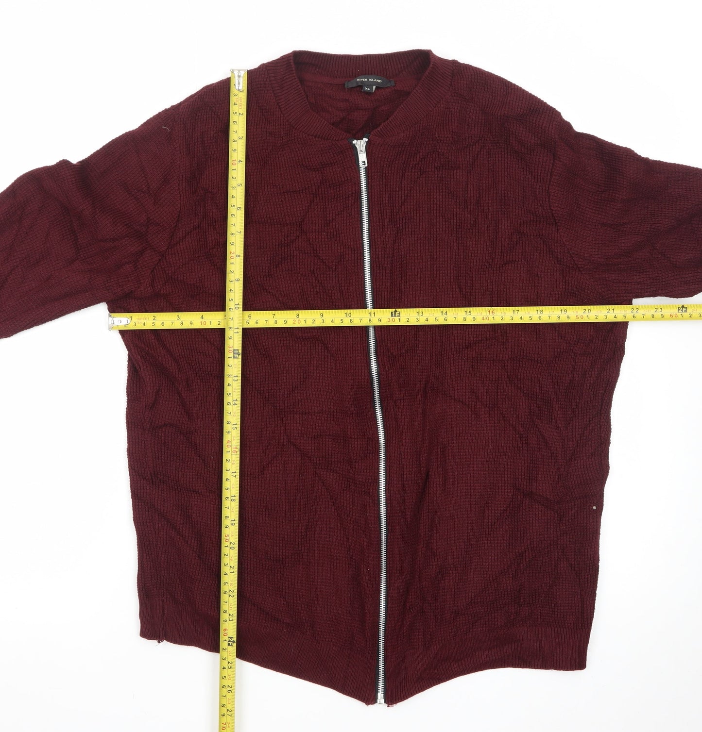 River Island Men's Red Waffle Full Zip Jumper XL