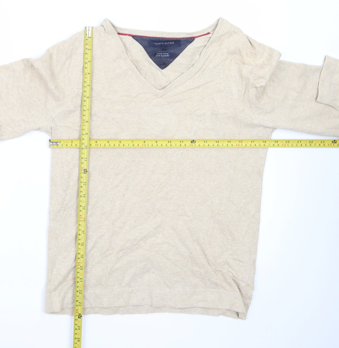 Tommy Hilfiger Men Beige V-Neck Cotton Pullover Jumper Size S