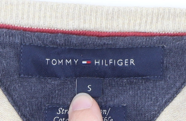 Tommy Hilfiger Men Beige V-Neck Cotton Pullover Jumper Size S