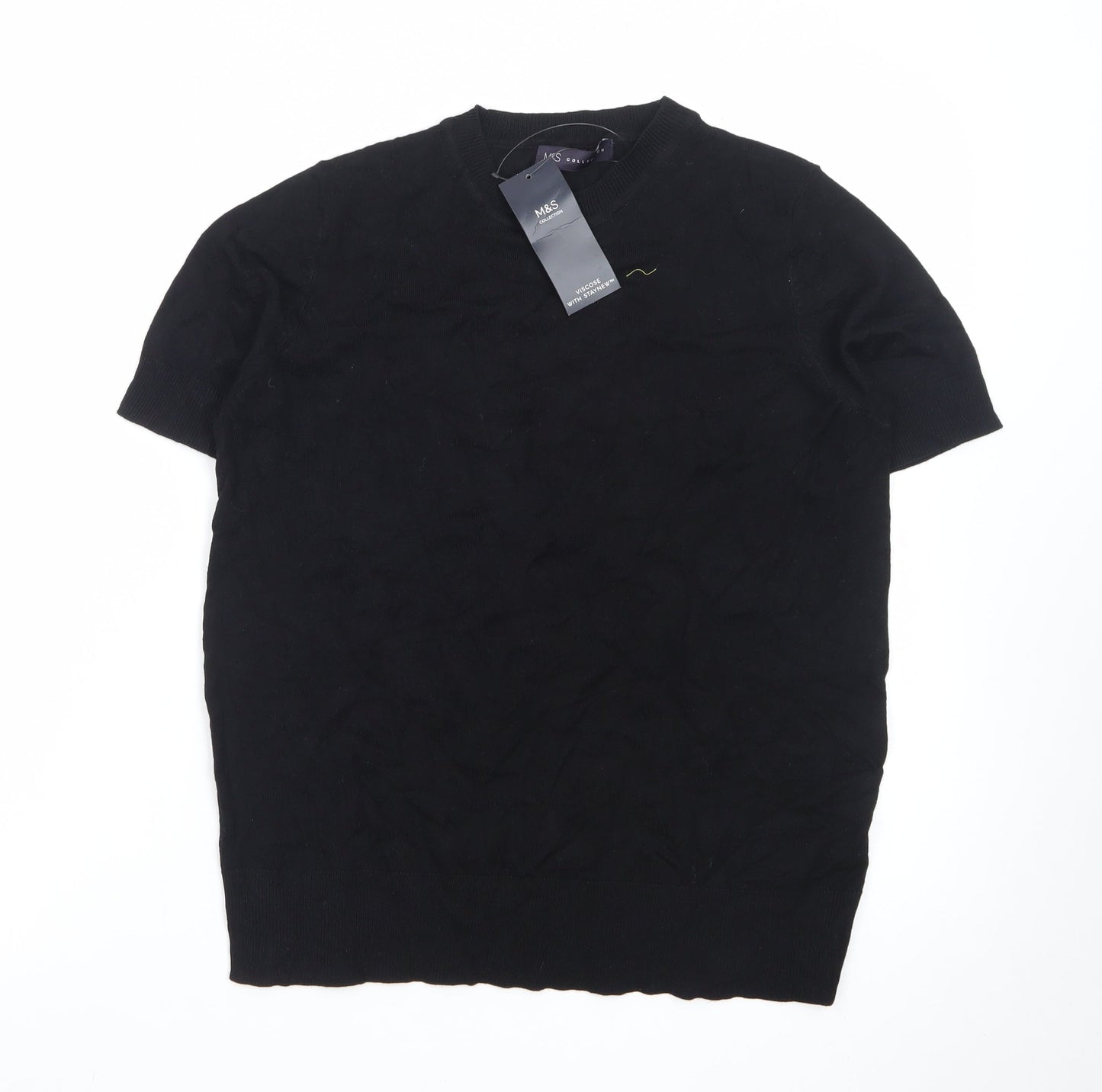 Marks and Spencer Women's Black Cotton Short Sleeve Crew Neck Jumper Size 10