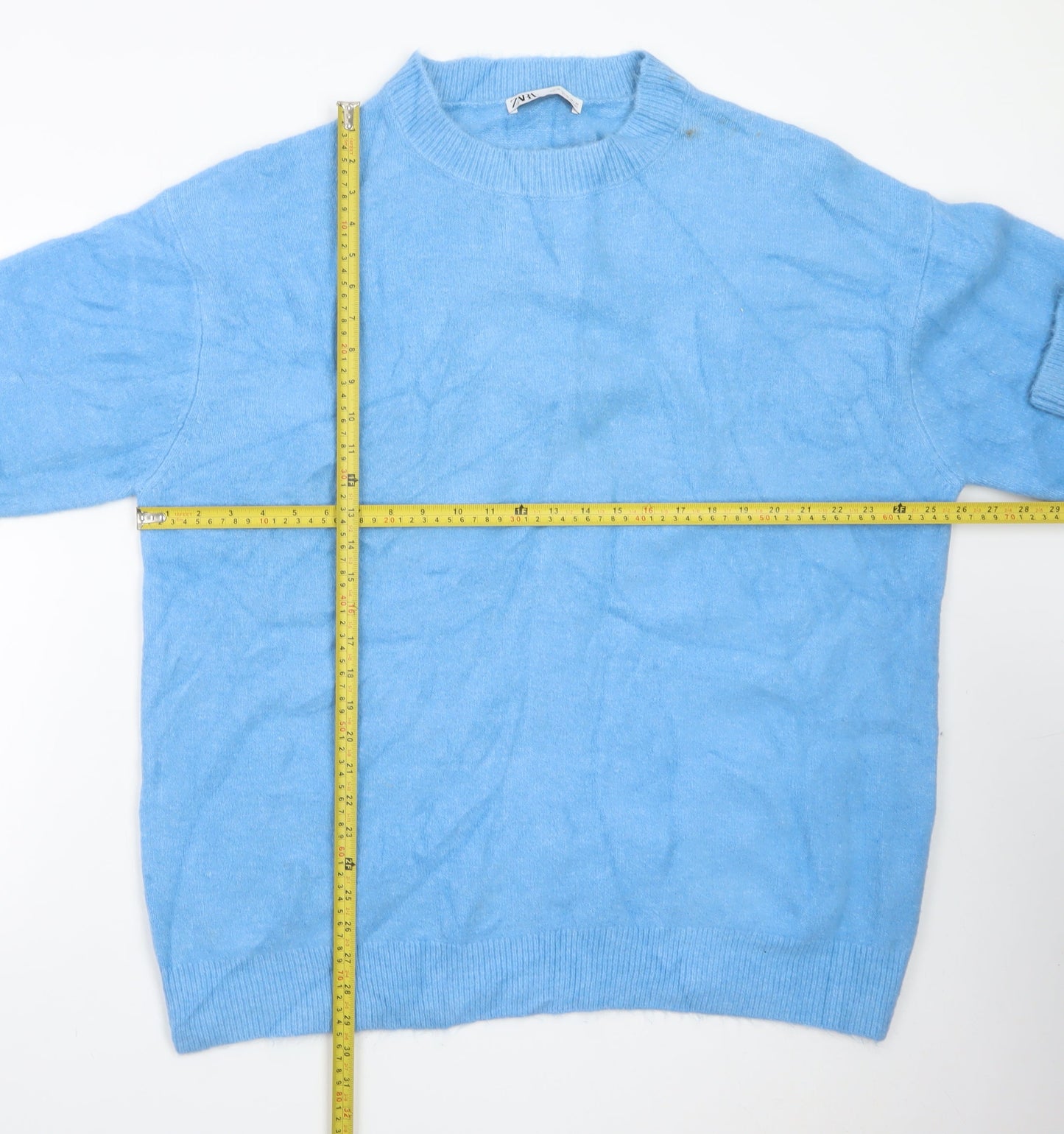 Zara Women Blue Wool Blend Crew Neck Pullover Jumper Size L