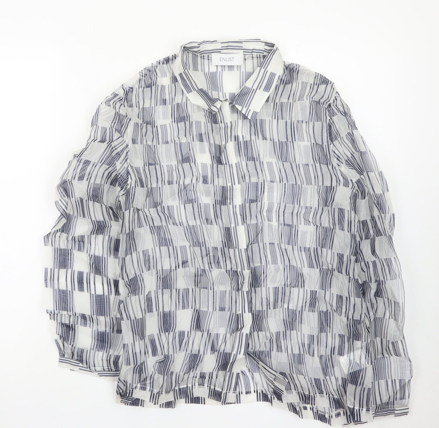ENLIST Women's Blue Geometric Sheer Button-Up Blouse Size 14
